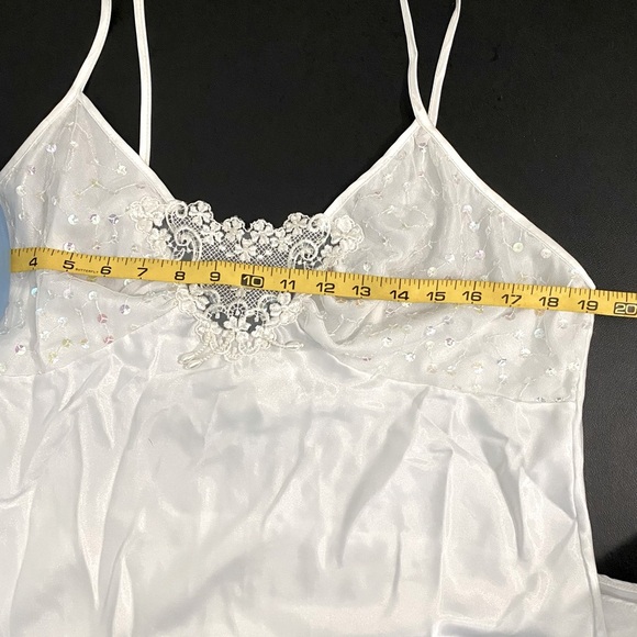 Vintage White Satin Midi Babydoll Slip Dress Lace Sequins Beaded - Picture 8 of 14